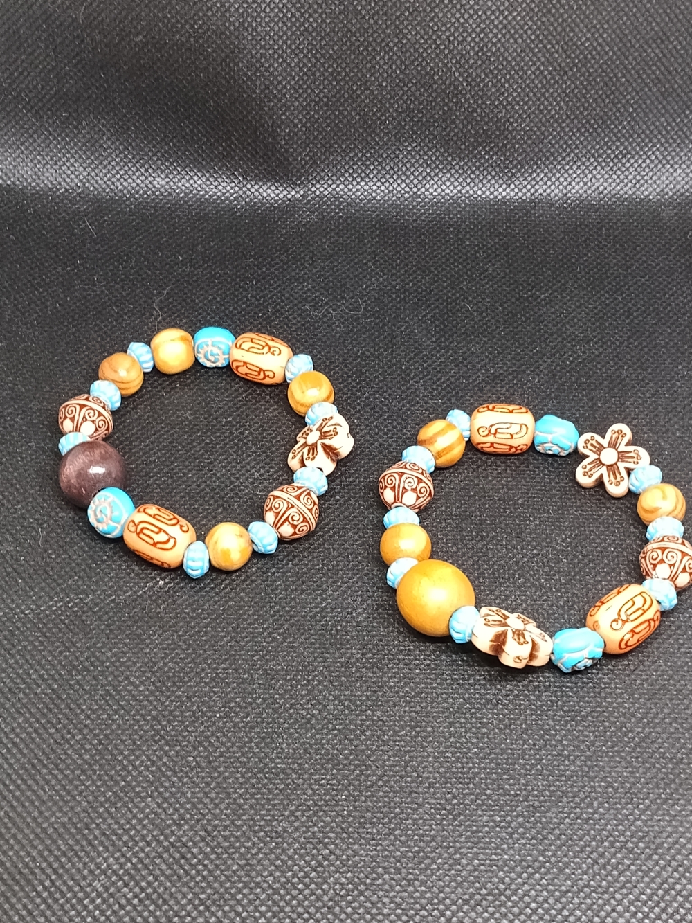 Handcrafted Turquoise & Amber Beaded Stretch Bracelet Set - Unbranded